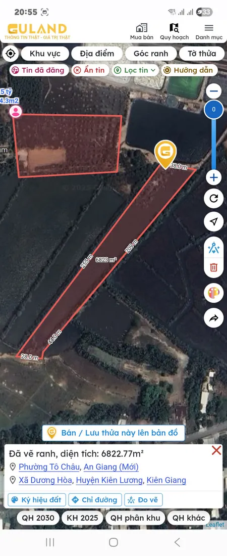 Bán đất 6822.8m² ngang 210 m dài 43m giá 6 tỷ Phường Tô Châu ( mới), Ấp Bãi Chà Và, Xã Dương Hòa, H. Kiên Lương, Kiên Giang ( ngay khu nuôi tôm công nghệ cao)