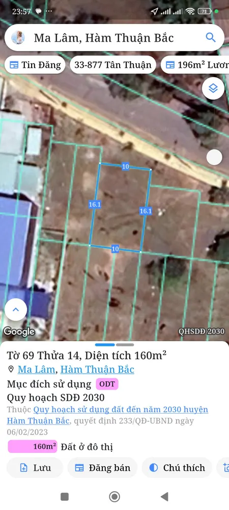 Bán đất 160m² ngang 10m giá 1.65 tỷ Xã Hàm Thuận