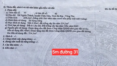 Bán đất 254.1m² ngang 5.2m giá 1.8 tỷ 🌟 ĐẤT MẶT TIỀN ĐƯỜNG 31 – XÃ NGHĨA THÀNH 🌟