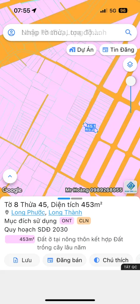 Bán đất 452.8m² ngang 10m giá 15.5 tỷ Xã Long Phước