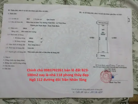 Tiêu đề : Chính Chủ 0983792261 Bán Lô B23- 100m2 nay là nhà 118 Phong Thủy Đẹp Ngõ 112 Đường Đôi Trần Nhân Tông