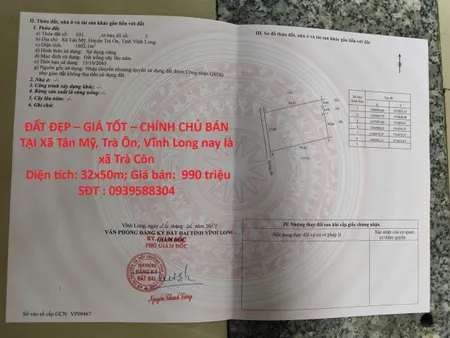 ĐẤT ĐẸP – GIÁ TỐT – CHÍNH CHỦ BÁN TẠI Xã Tân Mỹ, Trà Ôn, Vĩnh Long nay là xã Trà Côn