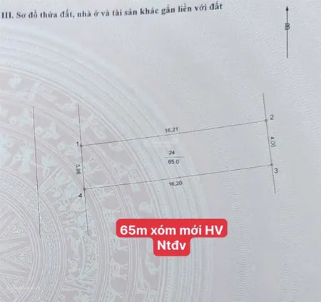 Chính chủ gửi bán lô đất thổ cư xóm mới hồng vân tp hà nội. dt 65m2, mt 3.96m, nở hậu 4m