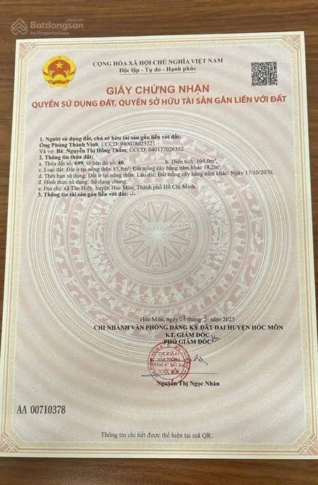 Thổ mặt tiền đường song hành, tân hiệp, hóc môn, dt (5x21) 105m2, sổ riêng, khu dân cư, giá 1 tỷ 8