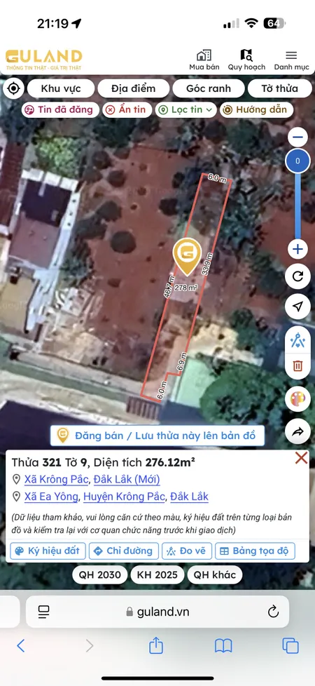 Bán đất 276.1m² giá 1.55 tỷ Xã Krông Pắc