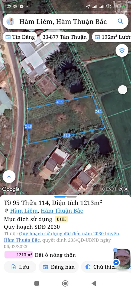 Bán đất 1212m² ngang 24,6m giá 1.8 tỷ Xã Hàm Liêm