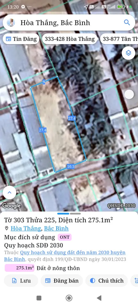 Bán đất 275m² ngang 10m giá 1.22 tỷ Xã Hòa Thắng
