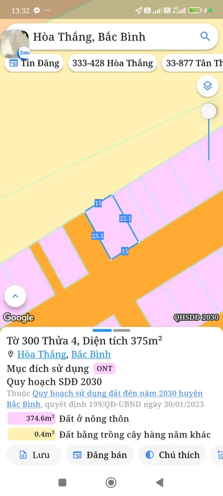 Bán đất 375m² ngang 15m giá 2.63 tỷ Xã Hòa Thắng