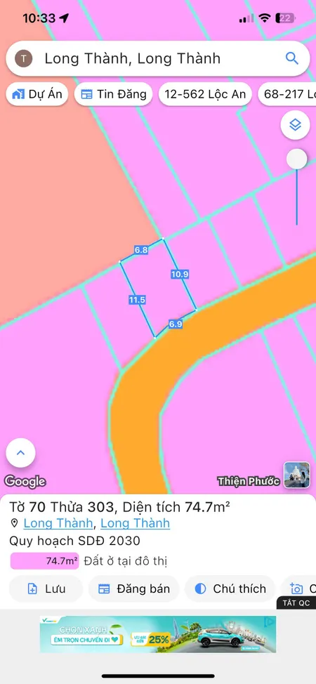 Bán đất 74.3m² ngang 6,9m giá 2.2 tỷ Xã Long Thành