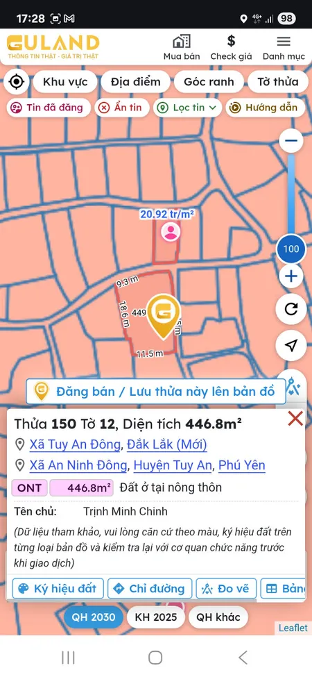 Bán đất 446.8m² giá 13 tỷ Xã Tuy An Đông