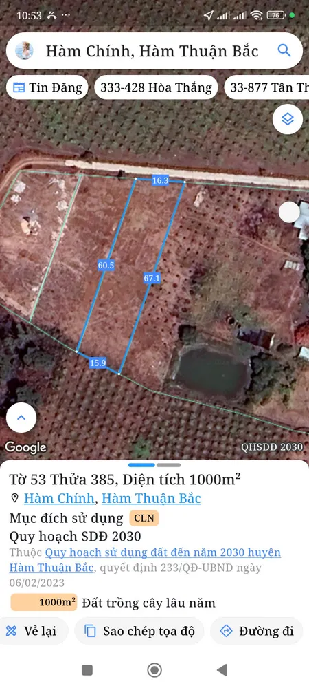 Bán đất 1000m² ngang 16,3m giá 470 triệu Xã Hàm Liêm