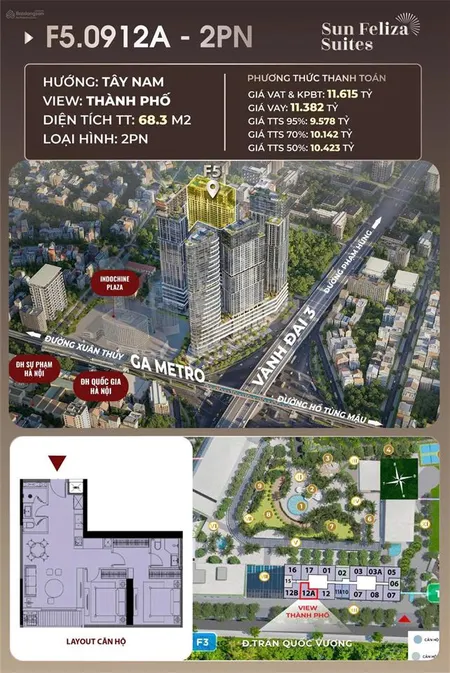 Bán gấp ch 2pn, 2wc, 68,3m2 tại sun feliza suites, phạm hùng, cầu giấy, hà nội, 11,3 tỷ