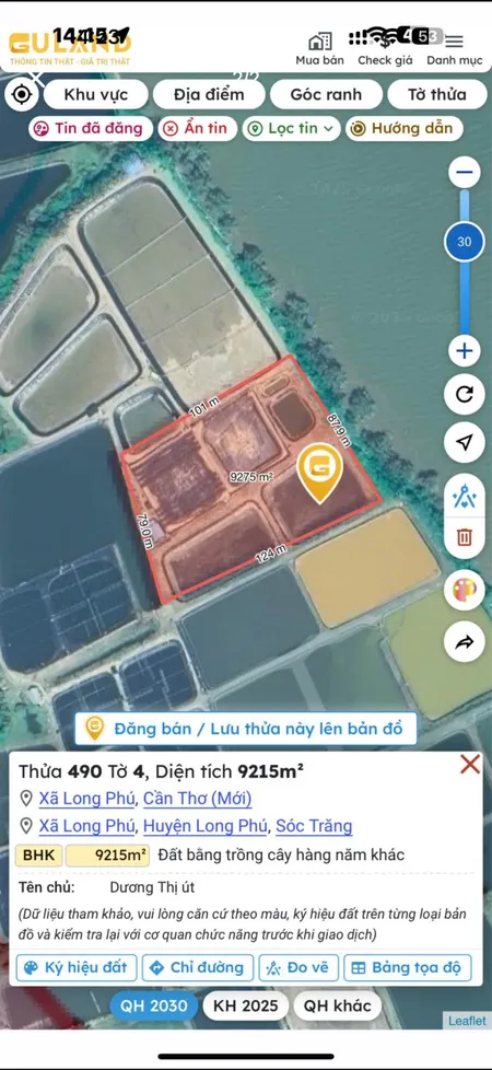 Bán đất mặt tiền Sông Hậu 9215m² ngang 87.6m giá 2.02 tỷ Xã Long Phú