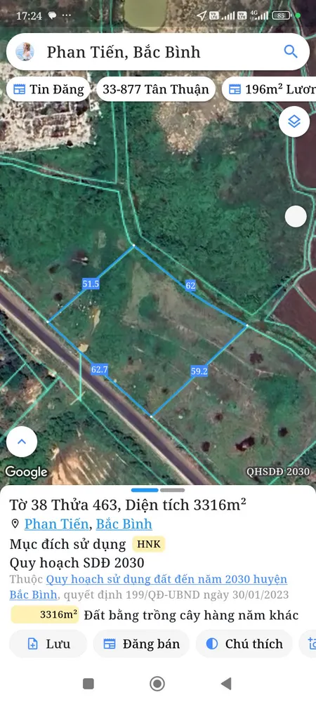 Bán đất 3543m² ngang 62m giá 1.4 tỷ Xã Sông Lũy