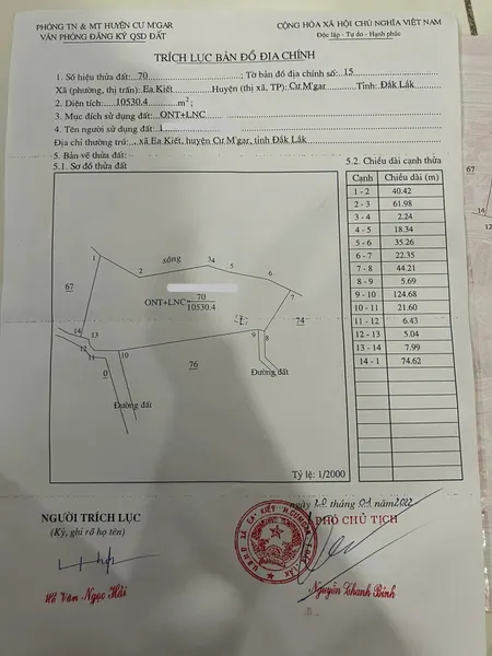1 héc đất 10595.8m² ngang 145m giá 1.2 tỷ Xã Ea Kiết