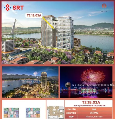 Căn hộ ponte 2pn view sông hàn, pháo hoa, cầu rồng dt 75,8m2 giá 4,9 tỷ
