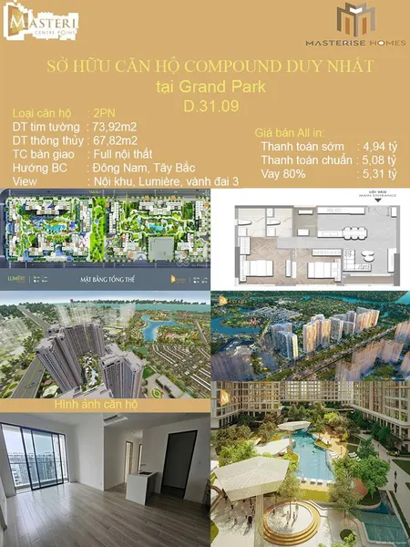 Bán căn hộ masteri centre point 74m2 2pn full nội thất xịn 4 tỷ 9