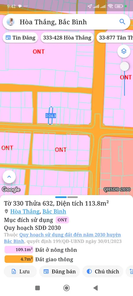 Bán đất 113,8m² ngang 4,9m giá 1.02 tỷ Xã Hòa Thắng
