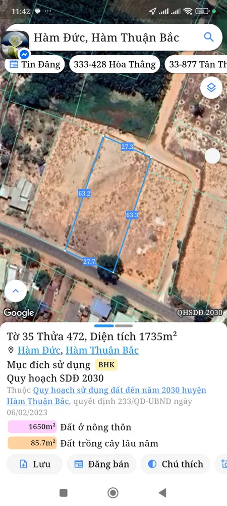 Bán đất 1735m² ngang 27,5m giá 3 tỷ Xã Hàm Thuận