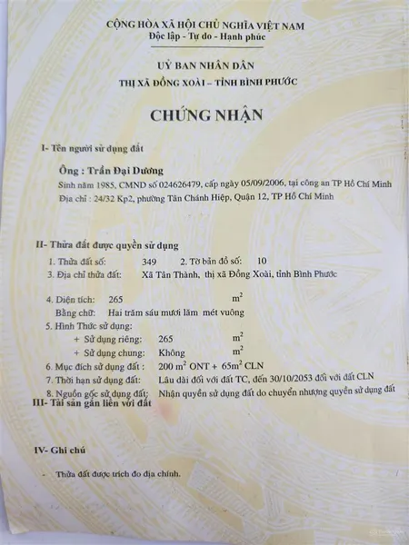 Bán đất nền 2 mặt tiền đường, góc chợ tân thành, sau lưng trường tiểu học tân thành b