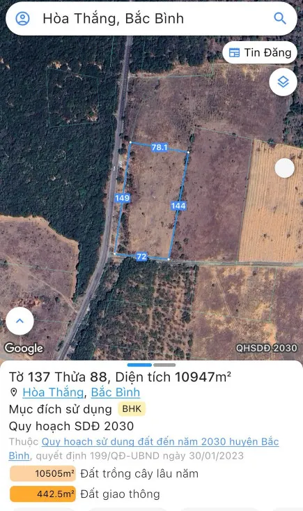 Bán đất 10947m² ngang 149m giá 17.5 tỷ Xã Hòa Thắng