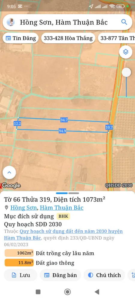 Bán đất 1073,3m² ngang 10,7m giá 370 triệu Xã Hồng Sơn