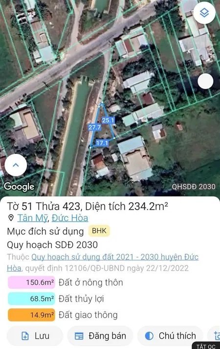 Bán đất 234.2m2 đường bàu công, tân mỹ hậu nghĩa 2mt kênh, gần vingroup 197ha&suối tiên 2, giá tốt