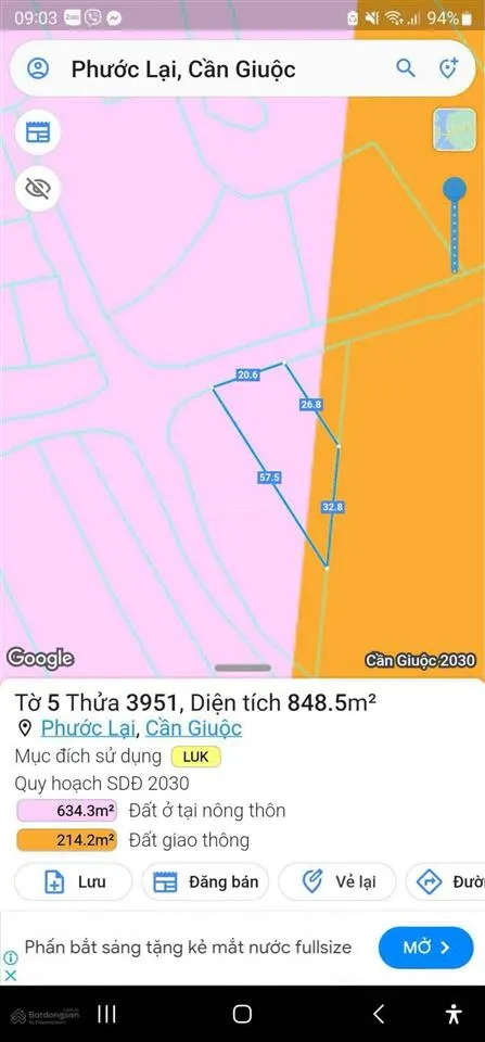 Đất giá 3,2tỷ, dt 826m2, 21*40m, mặt tiền đường tân lập, cần giuộc, long an