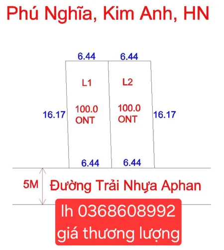 Bán đất 100m² ngang 6,44m giá 2.25 tỷ Xã Kim Anh