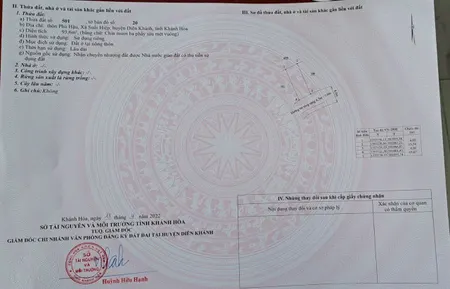 Bán đất thổ cư 93,6m² Phú Hậu Suối Hiệp, ô tô vào, gần Nha Trang, giá 1 tỷ