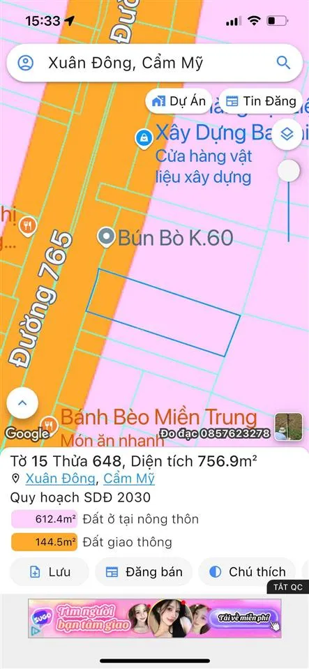 Gia đình cần bán gấp 15m mặt tiền tỉnh lộ 765 đất full hồng có 100m thổ