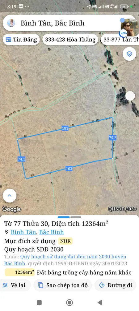 Bán đất 12363m² ngang 75m giá 741.78 triệu Xã Sông Lũy