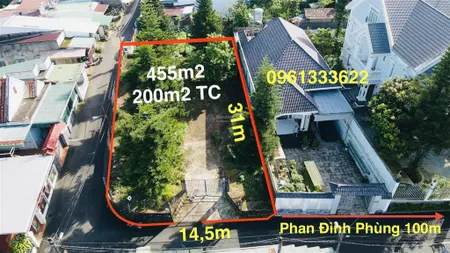 6,9 tỷ đất biệt thự góc hẻm nhựa lớn phan đình phùng bảo lộc dt 14,5x31(455m2)sẵn 200m2 thổ cư.