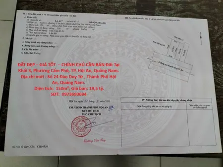 ĐẤT ĐẸP – GIÁ TỐT  – CHÍNH CHỦ CẦN BÁN Đất Tại Khối 3, Phường Cẩm Phô, TP. Hội An, Quảng Nam.