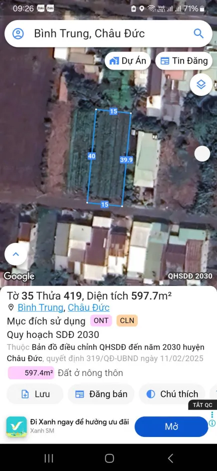 Cần bán lô đất
Hàng 5 thôn 5 , Bình Trung , Châu Đức , BRVT ( nay là TP.HCM )
DT :  15x40 ( 80 Thổ Cư )