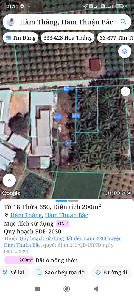 Bán đất 200m² ngang 8,7m giá 1.4 tỷ Phường Hàm Thắng