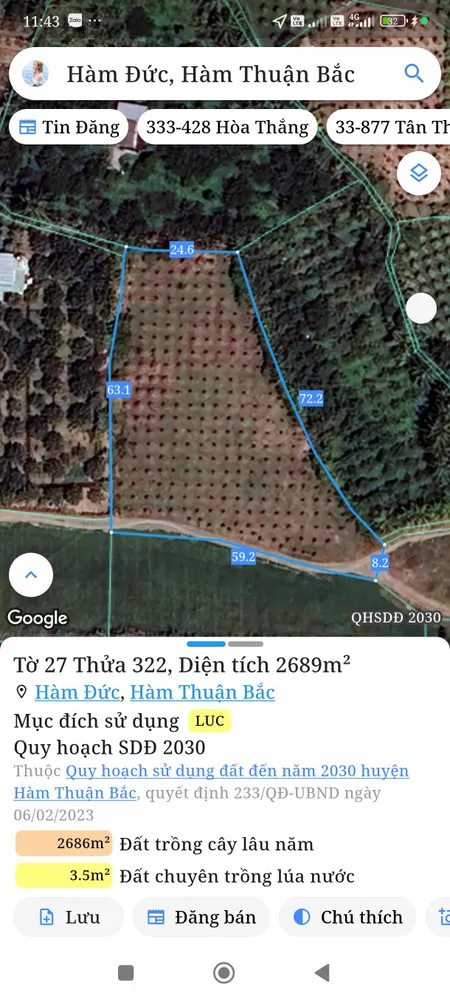 Bán đất 2689m² giá 591.58 triệu Xã Hàm Thuận