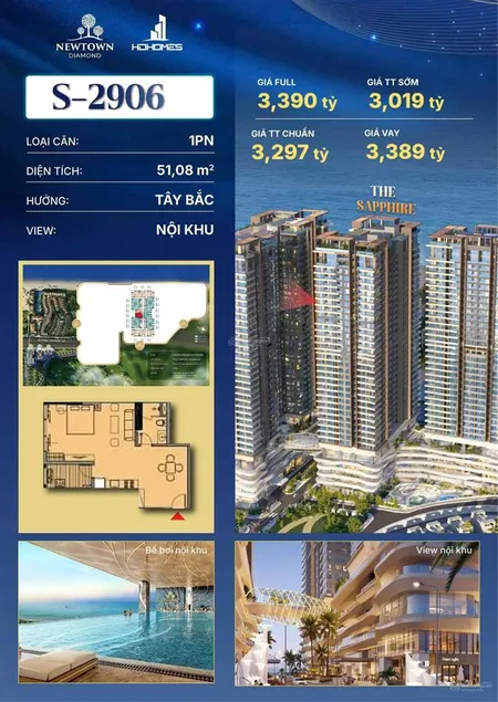 Căn 1pn 51m2 tầng 29 newtown diamond 3,01 tỷ toà sapphire, hỗ trợ vay 70%, miễn lãi vay 24 tháng