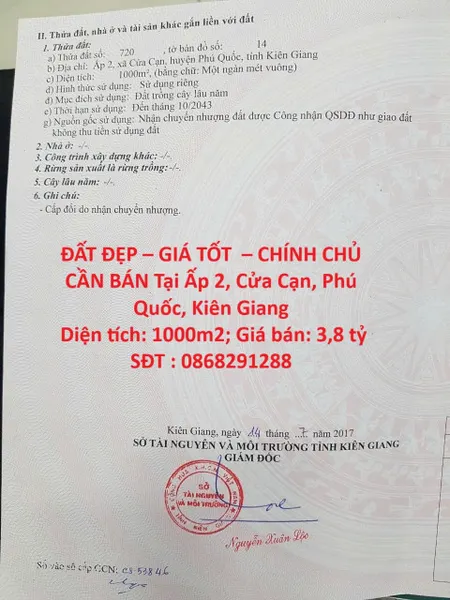 ĐẤT ĐẸP – GIÁ TỐT  – CHÍNH CHỦ CẦN BÁN Tại Ấp 2, Cửa Cạn, Phú Quốc, Kiên Giang