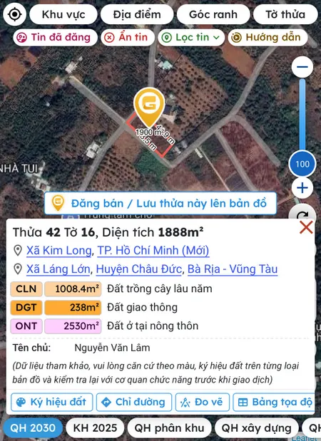 Bán đất 1888m² ngang 25m giá 8 tỷ Xã Kim Long