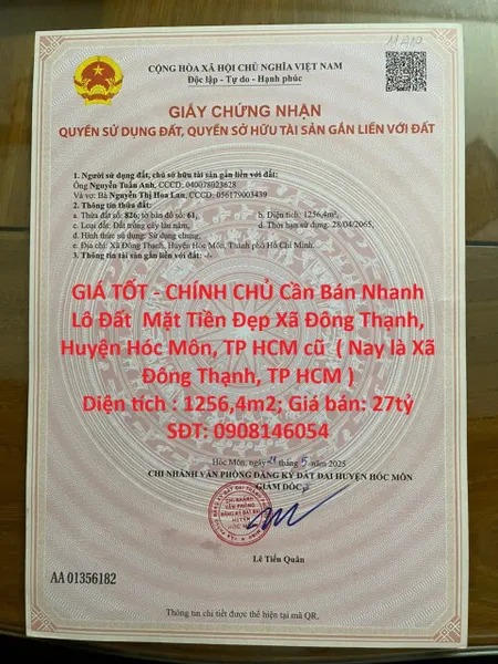 GIÁ TỐT - CHÍNH CHỦ Cần Bán Nhanh  Lô Đất  Mặt Tiền Đẹp  Vị Trí Tại Huyện Hóc Môn, TP HCM