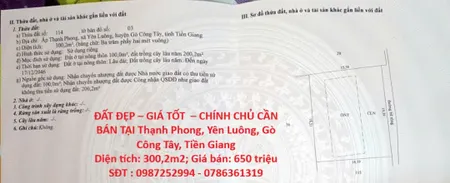 ĐẤT ĐẸP – GIÁ TỐT  – CHÍNH CHỦ CẦN BÁN TẠI Thạnh Phong, Yên Luông, Gò Công Tây, Tiền Giang