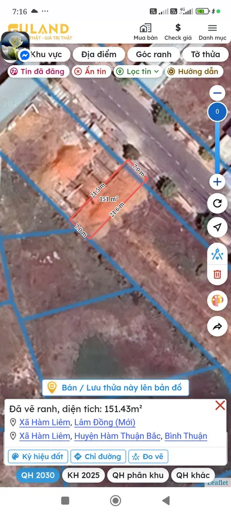 Bán đất 150,5m² ngang 7m giá 1.6 tỷ Xã Hàm Liêm