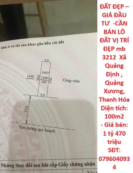 ĐẤT ĐẸP – GIÁ ĐẦU TƯ  -CẦN BÁN LÔ ĐẤT VỊ TRÍ ĐẸP mb 3212  Xã Quảng Định , Quảng Xương, Thanh Hóa