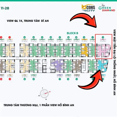 Green diamond suất nội bộ căn 3pn b12 đẹp nhất tầng trung 78m2 4tỷ3 full vat bcons city hot