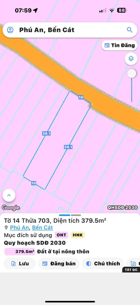 Bán đất Phú An, Bến Cát gần ngã tư Phú Thứ dt 10x38m giá 3ty