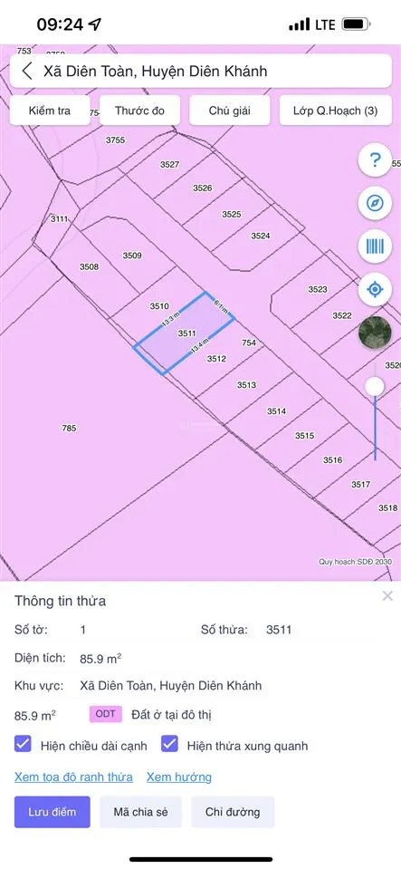 Bán đất tại đường huỳnh thúc kháng, diên toàn, diên khánh, giá 1,5 tỷ, dt 85m2 đường betong 5m