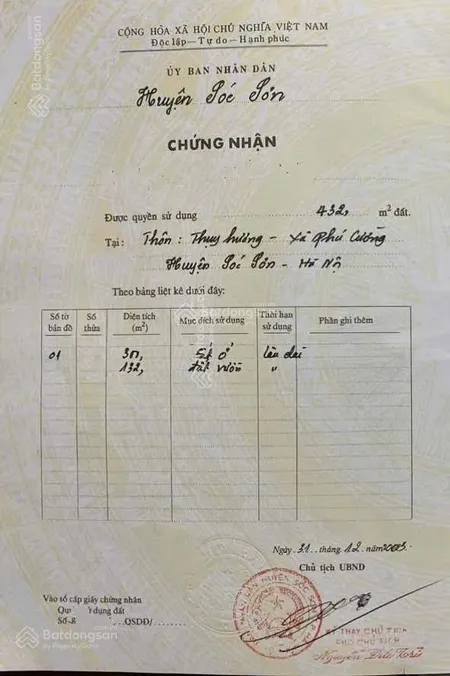 Bán đất thổ cư thôn thụy hương, phú cường, sóc sơn. diện tích 432m², nở hậu, đường 7m ô tô tránh