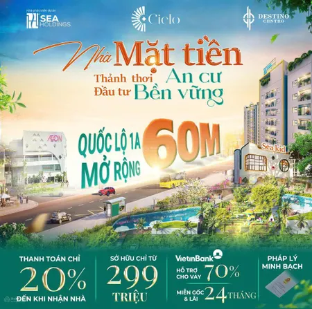 Nhà mặt tiền tt 299tr sở hữu căn hộ 2pn, ngân hàng hỗ trợ vay 70%, miễn gốc & lãi 24 tháng!