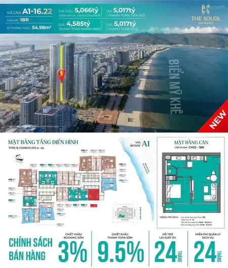 Độc quyền cặp căn hộ 1pn đẹp nhất dự án the soleil đà nẵng tầng 16 55m² 4,58 tỷ